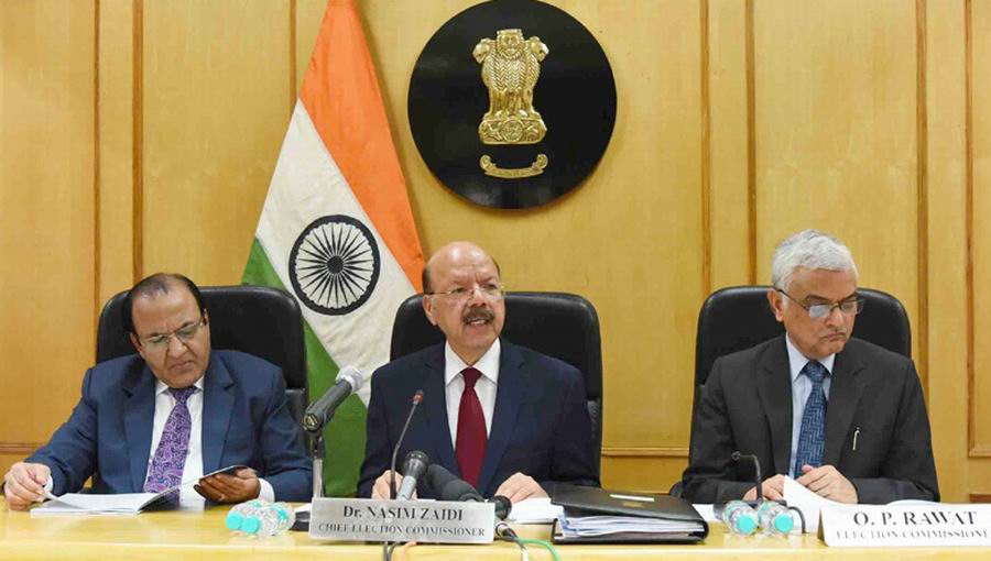 The Chief Election Commissioner, Dr. Nasim Zaidi holding a press conference to announce the Assembly Elections in five States, in New Delhi on January 04, 2017. 	The Election Commissioners, Shri A.K. Joti and Shri O.P. Rawat are also seen.